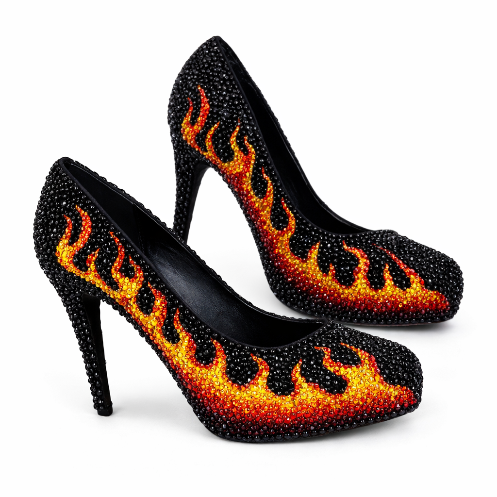 Jet Black Flames Design Crystal Heels