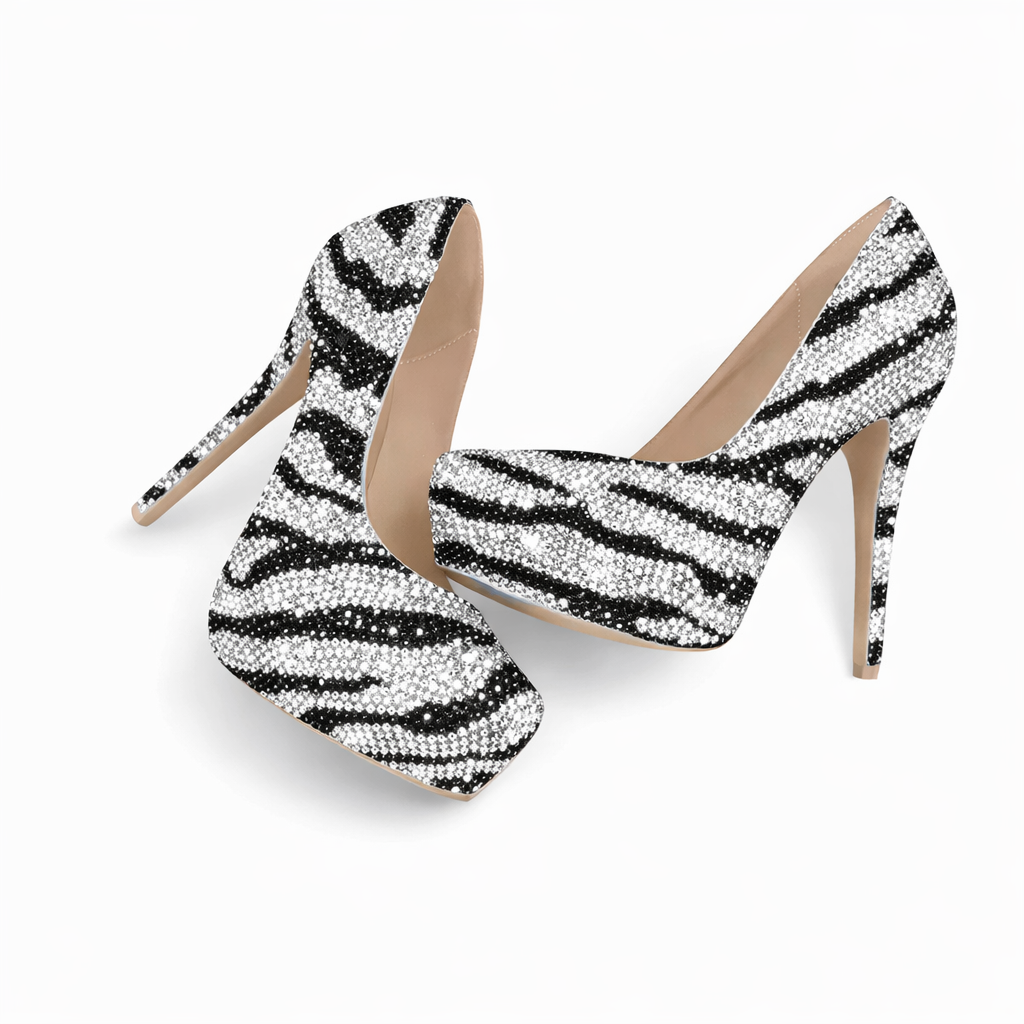 Jet Black & Crystal Diamond Zebra Design Heels