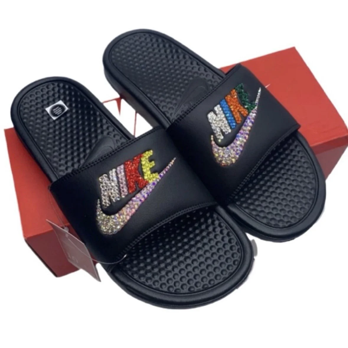 Luxe Crystal Multi Colour Mix Black Slides