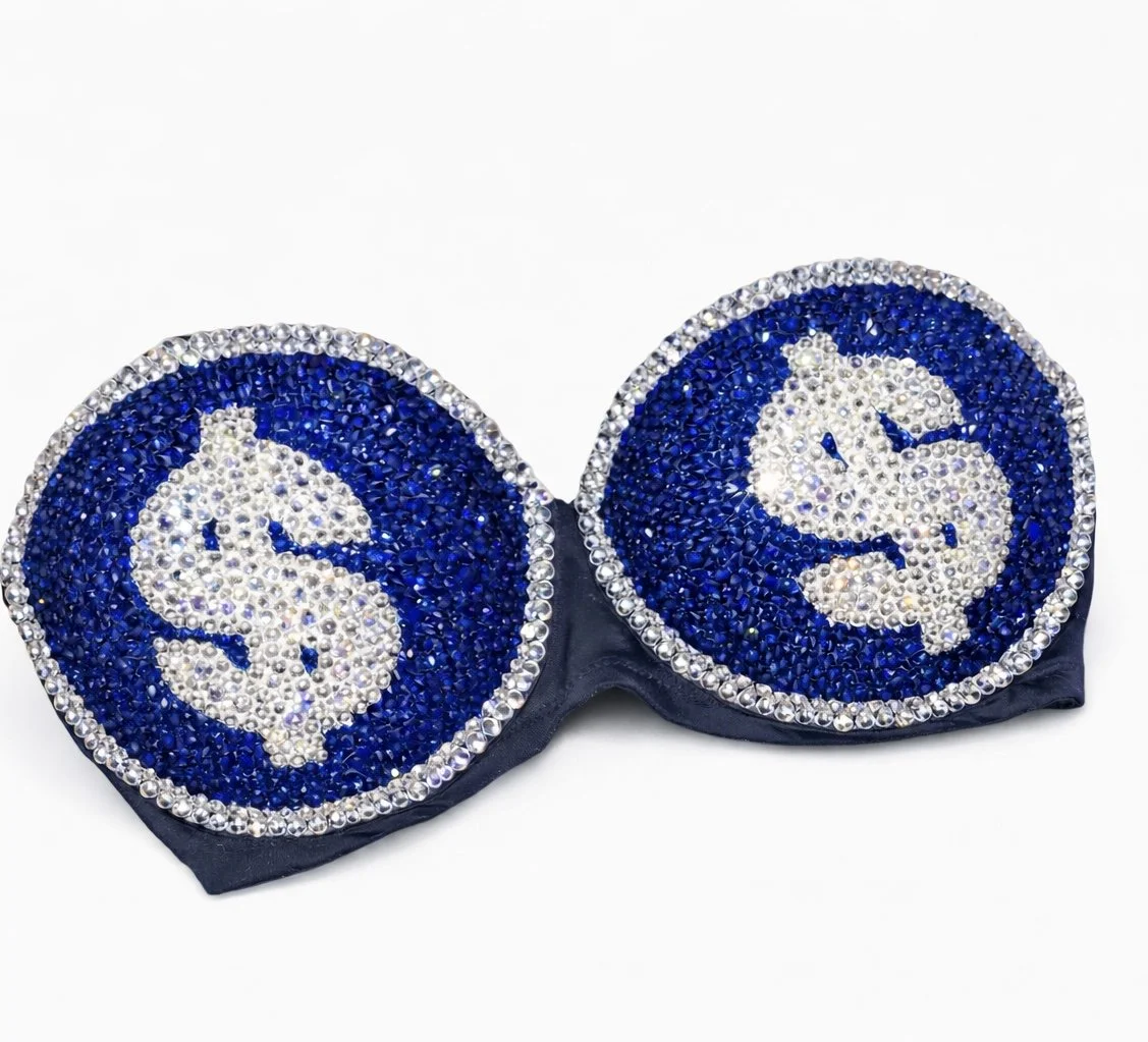 Sapphire Blue & Crystal Diamonds Money Theme Bra Top