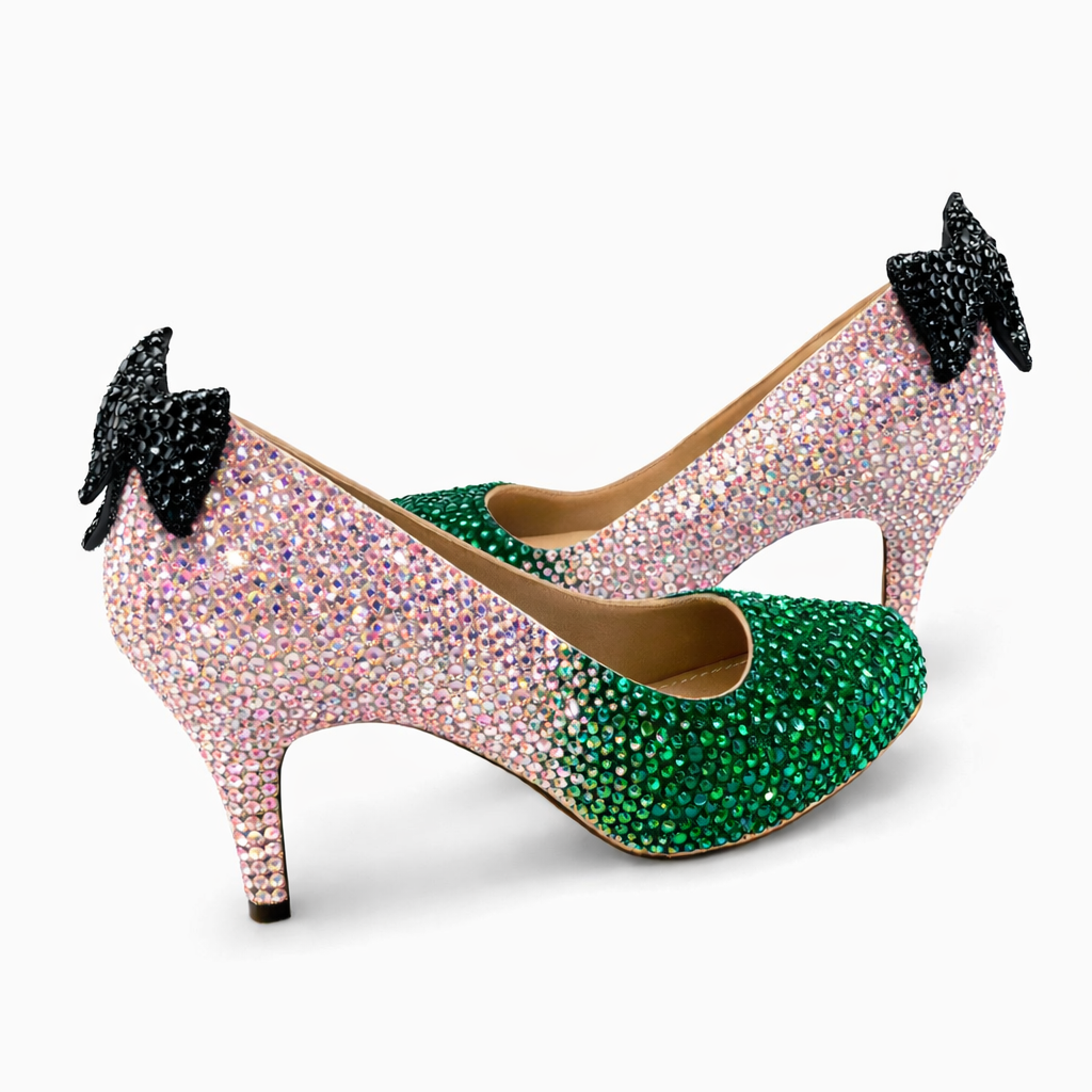 Light Rose Pink AB Emerald Green & Jet Black Crystal Bow Heels