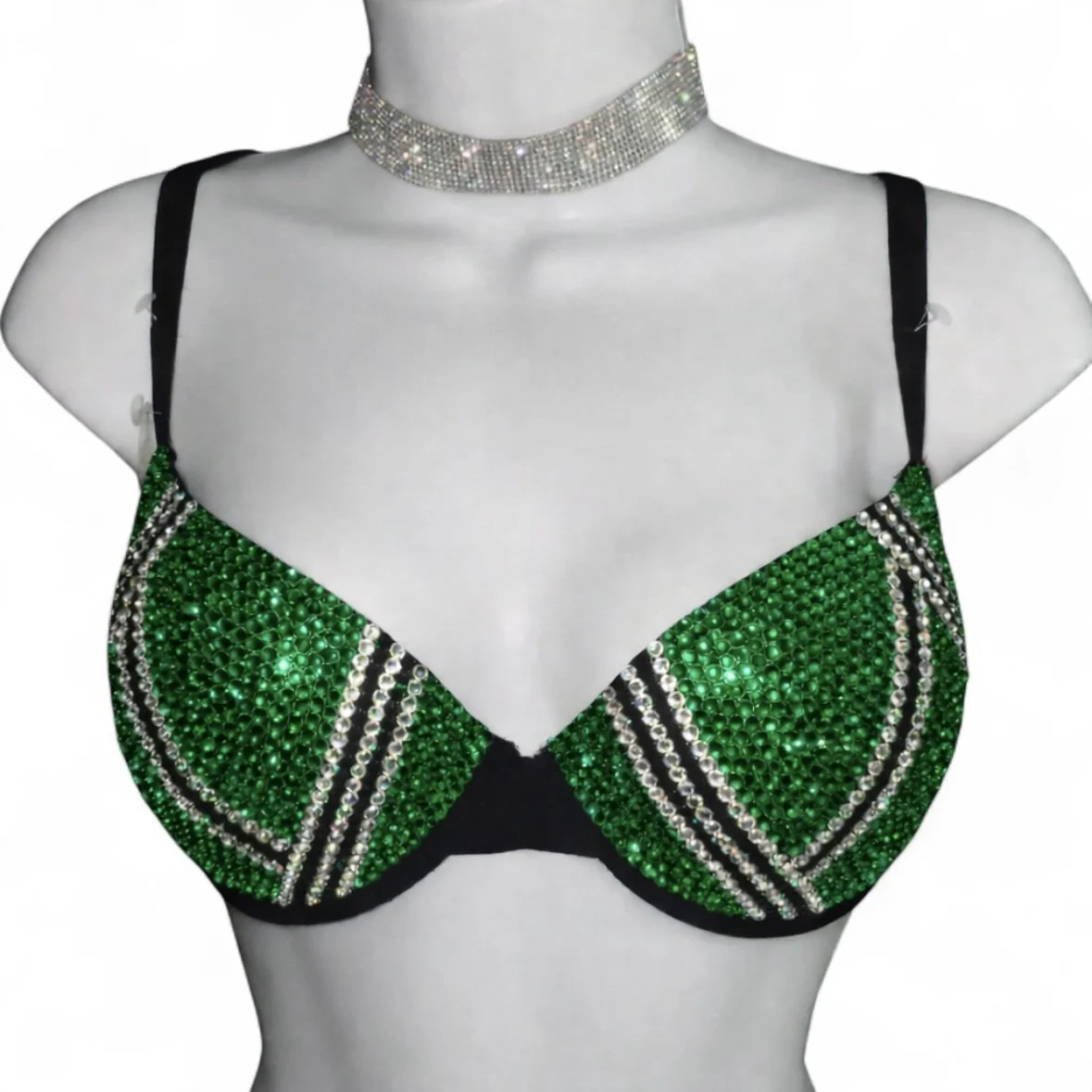 Emerald Green Jet Black Plaid Varsity Crystal Bra Top
