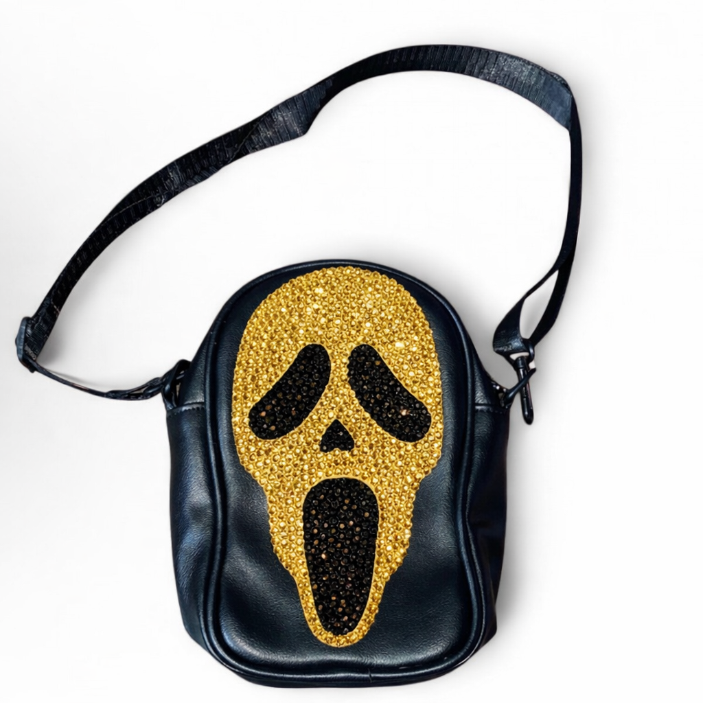 Ghost Face Scream Luxe Gold Crossbody Bag In Crystal Diamond