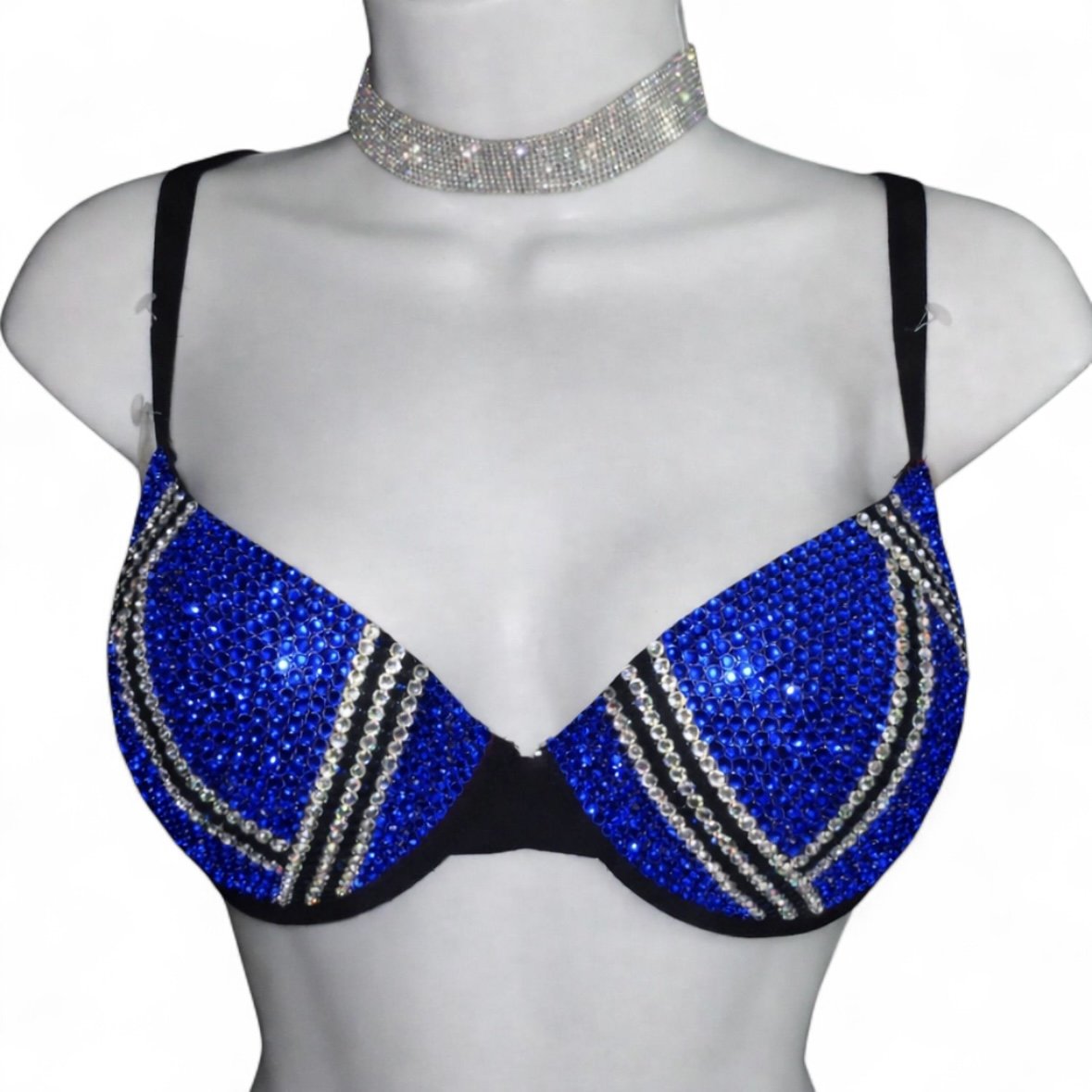 Sapphire Blue Jet Black Plaid Varsity Crystal Bra Top