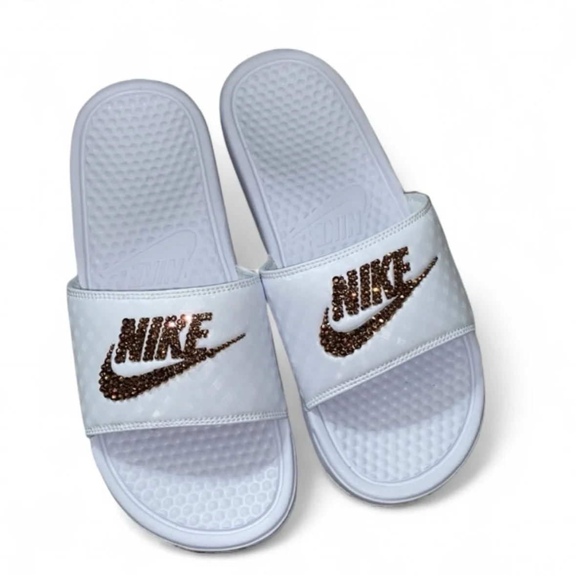 Luxe Rose Gold Crystal Diamonds White Slides