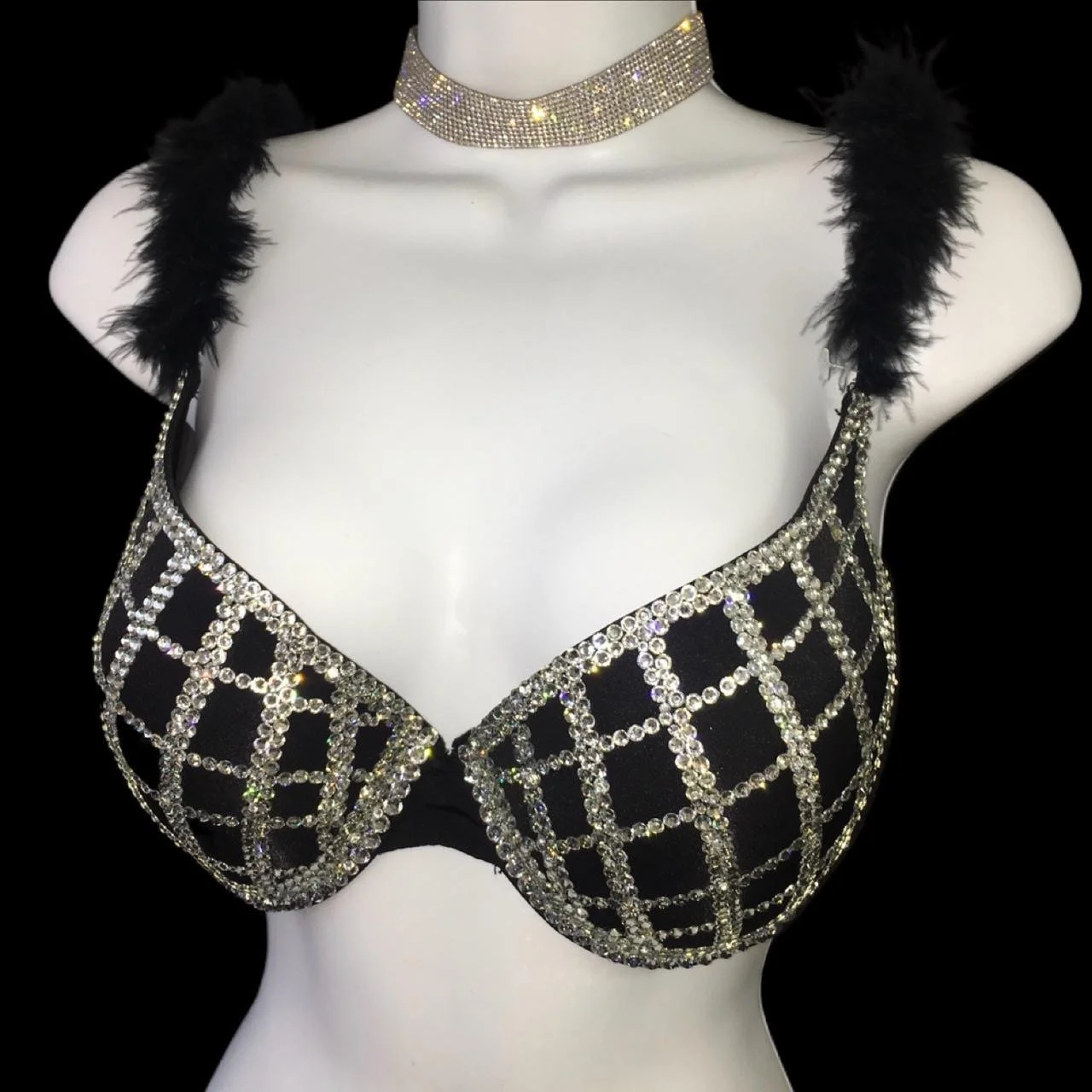 Crystal Diamond Criss Cross Crystal Bra Top With Black Feathers