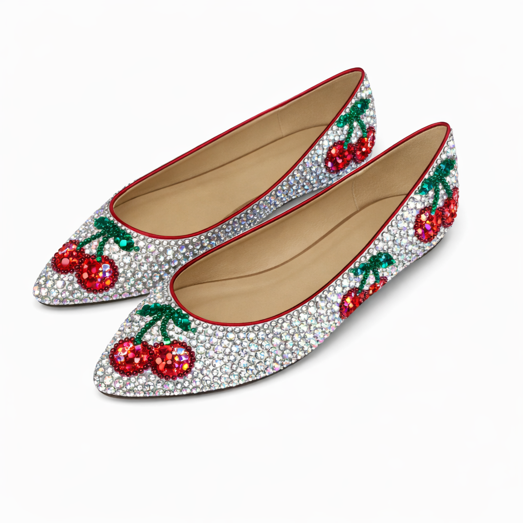 Crystal AB Red Cherry Theme Crystal Ballet Flat Shoes