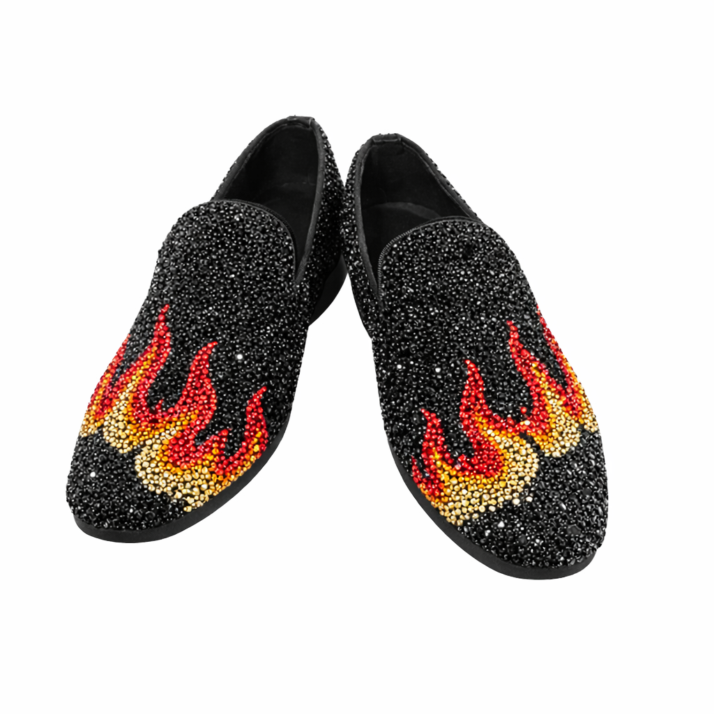 Mens  Siam Red Yellow & Orange Fire Crystal Diamond Loafers