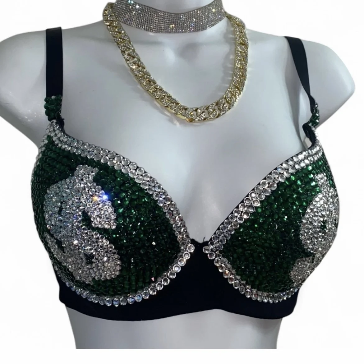 Emerald Green & Crystal Money Theme Bra Top