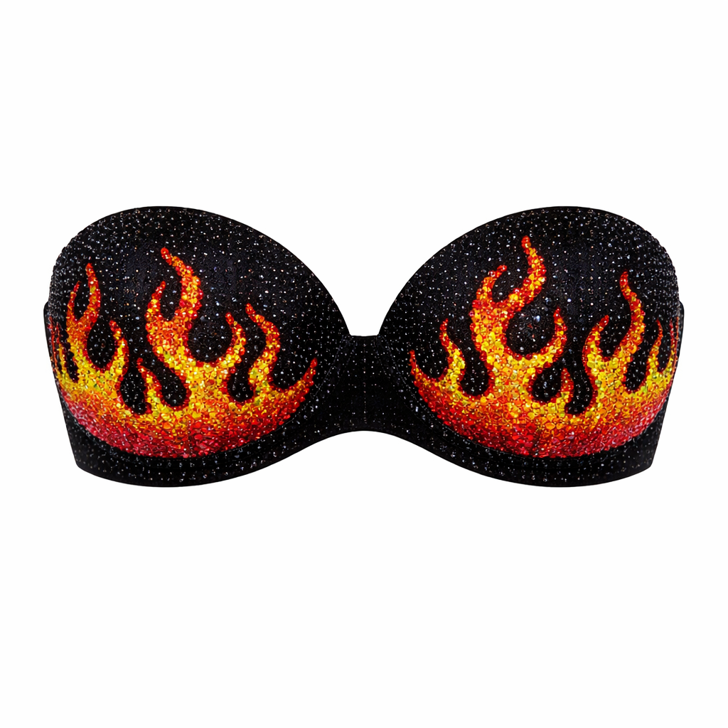 Jet Black Flames Crystals Strapless Bra Top