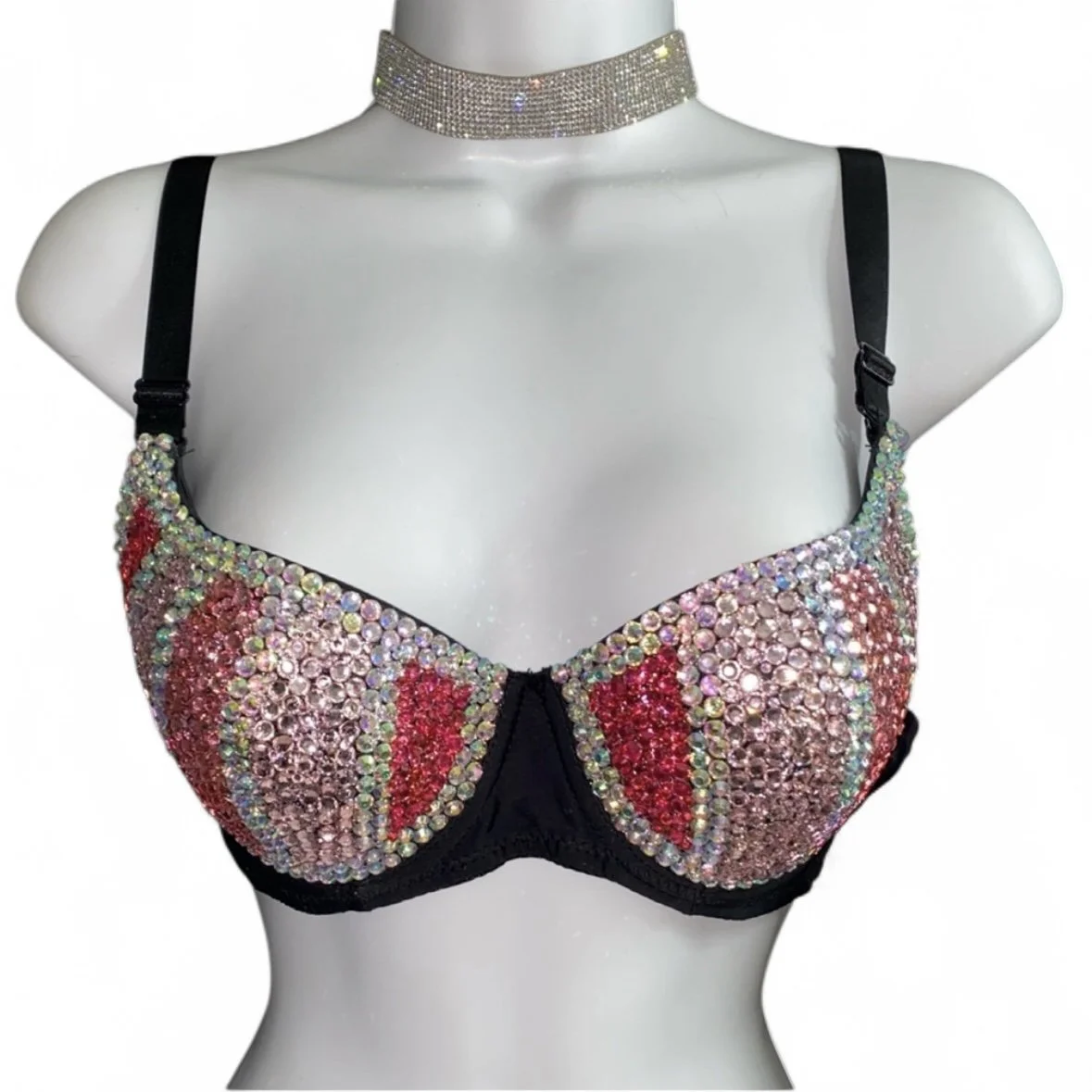 Pink Mix Pin Stripe Design Rhinestone & Crystal Bra Top