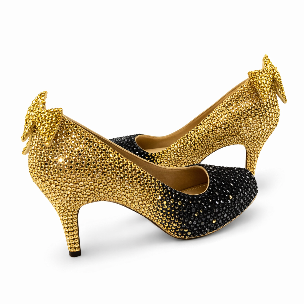 Gold & Jet Black Crystal Bow Heels