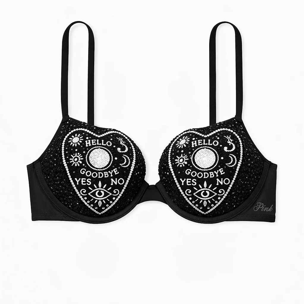 Ouija Board Design Black White & Crystal Bra Top