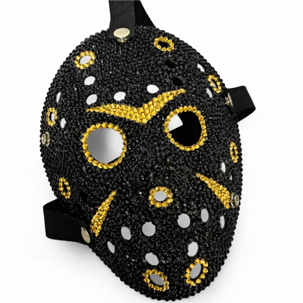Jason Luxe Jet Black & Gold Crystal Hockey Mask