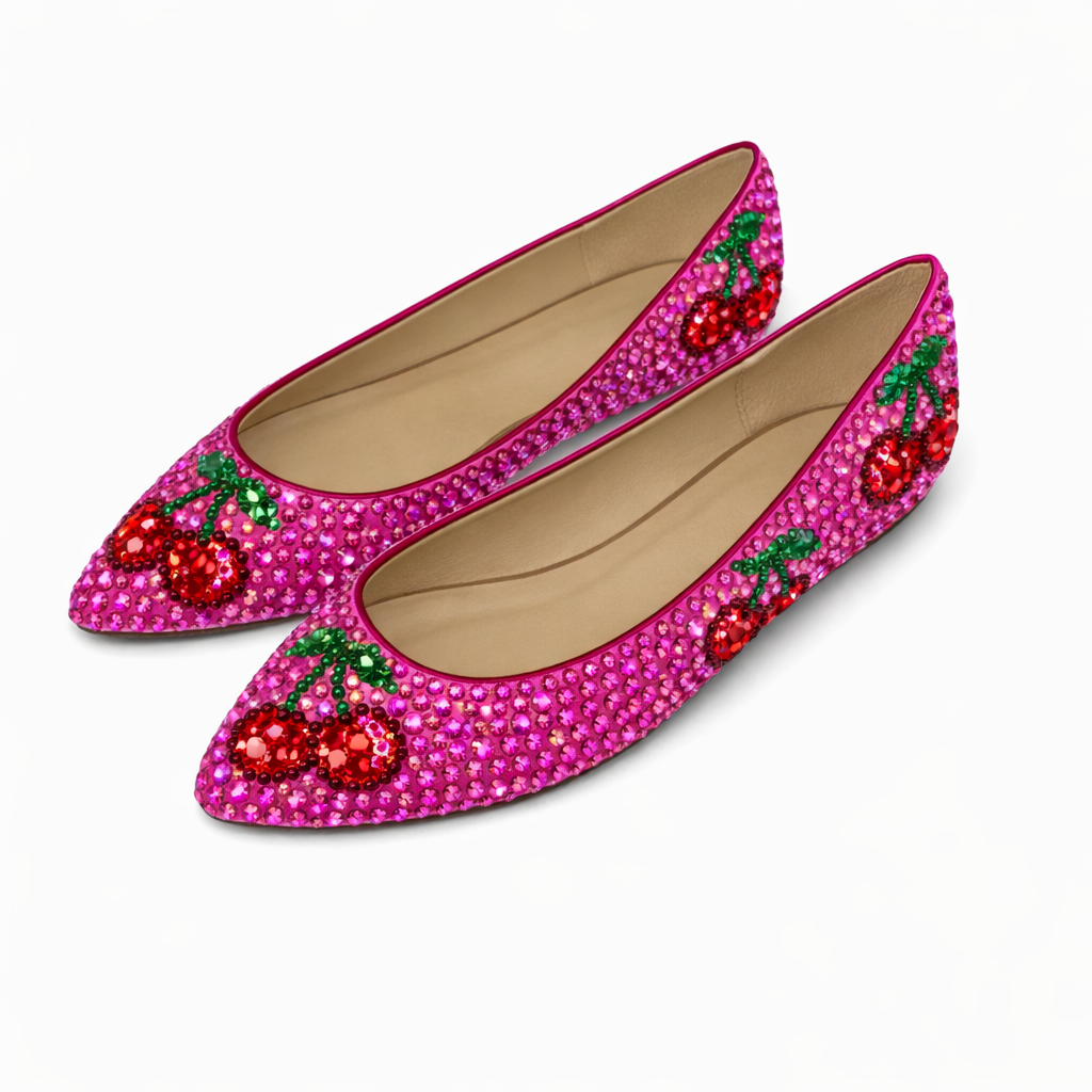Siam Red Cherry Theme Crystal Ballet Flat Shoes