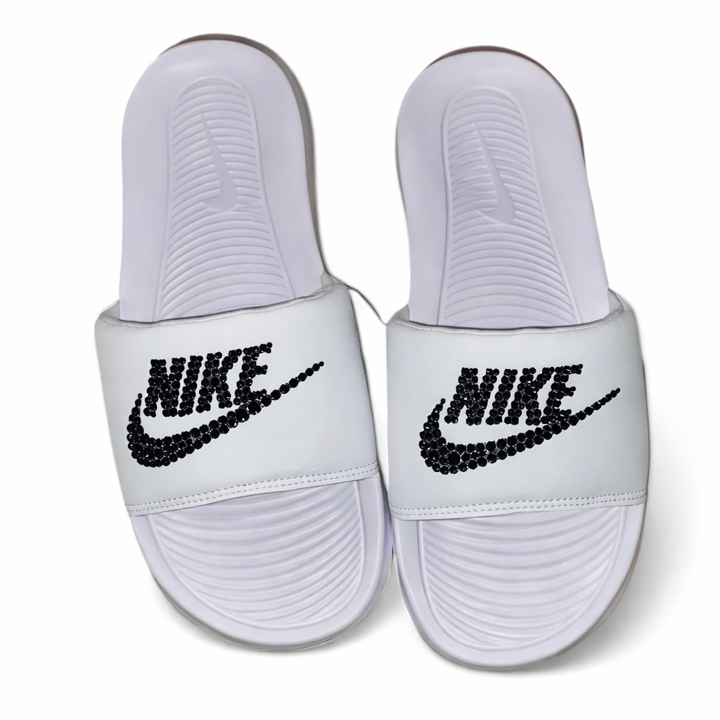 Luxe Jet Black Crystal White Slides