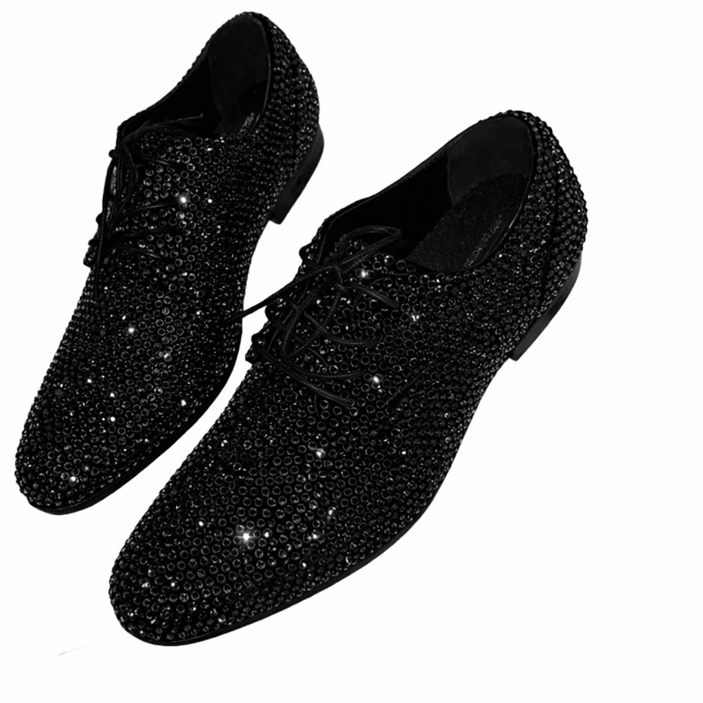 Mens Jet Black Crystal Diamond Lace Up Shoes