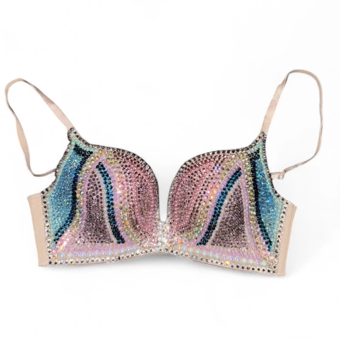 Blue Zircon Teal Light Rose Pink AB Aquamarine AB & Crystal Bra Top