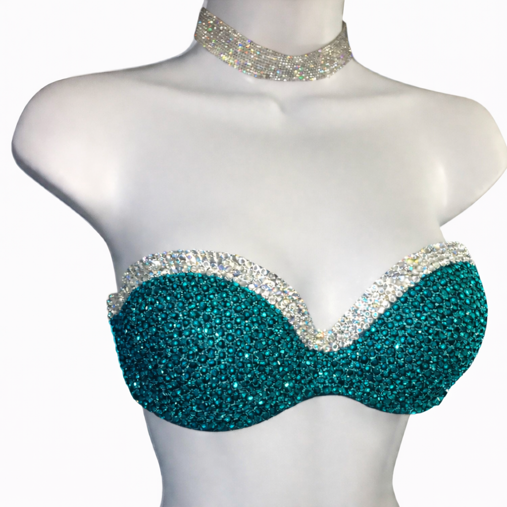 Teal Blue Zircon & Crystal Diamond Bra Top