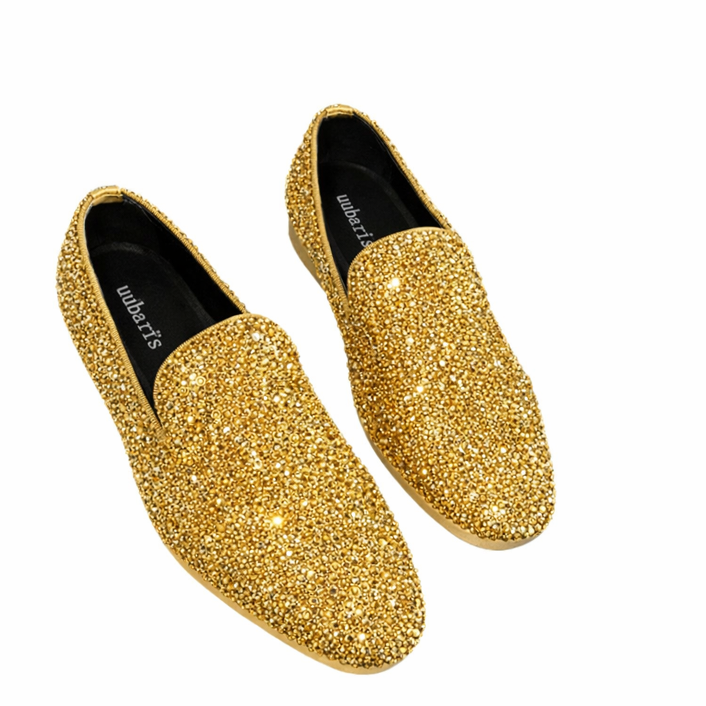 Mens Gold Crystal Diamond Loafers