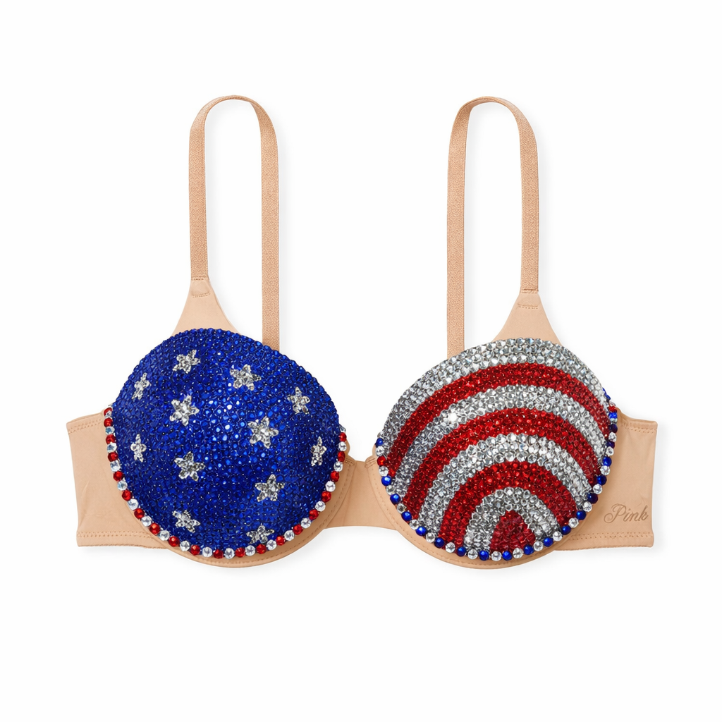 Siam Red Sapphire Blue & Crystals USA Flag Design Bra Top