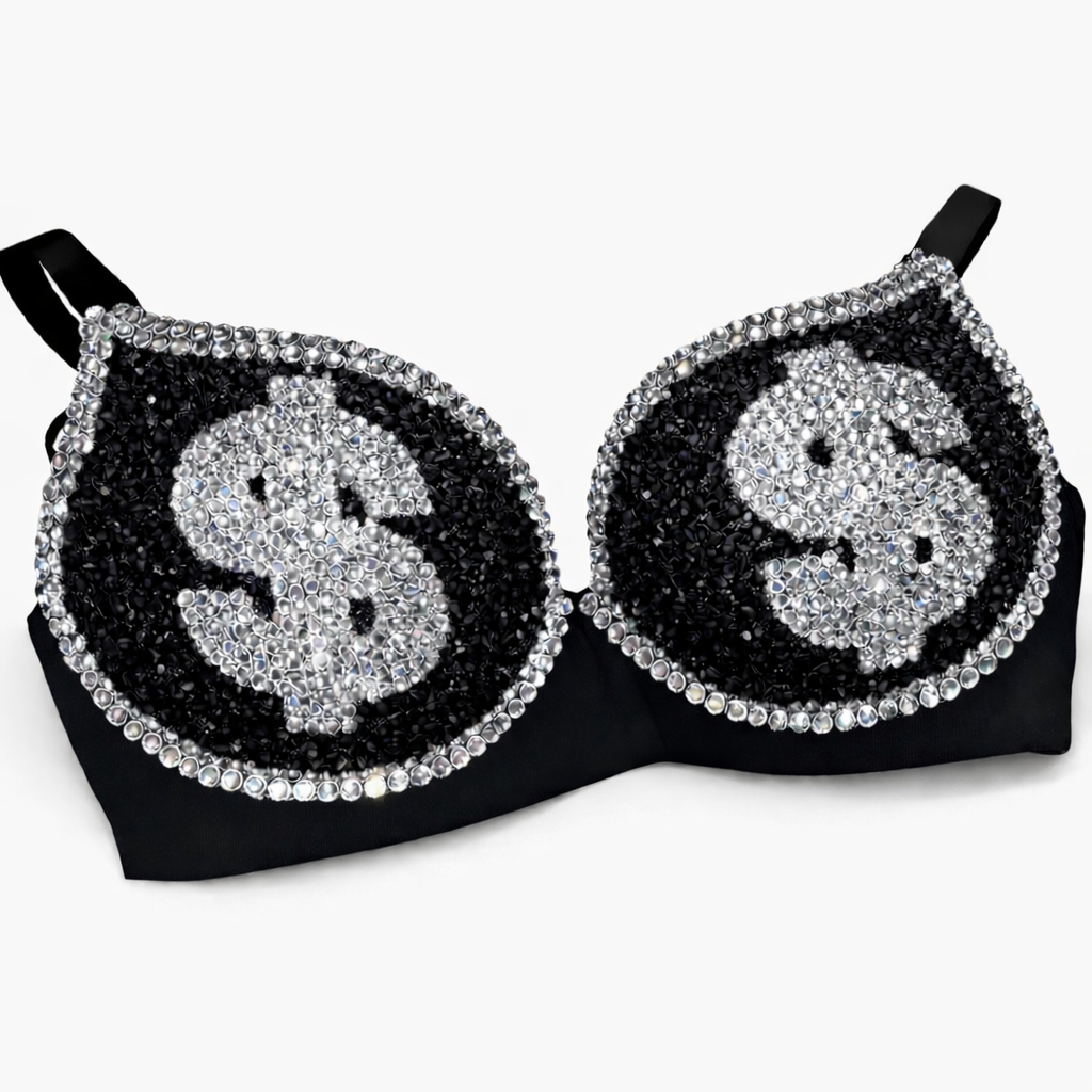 Jet Black & Crystal Money Theme Bra Top