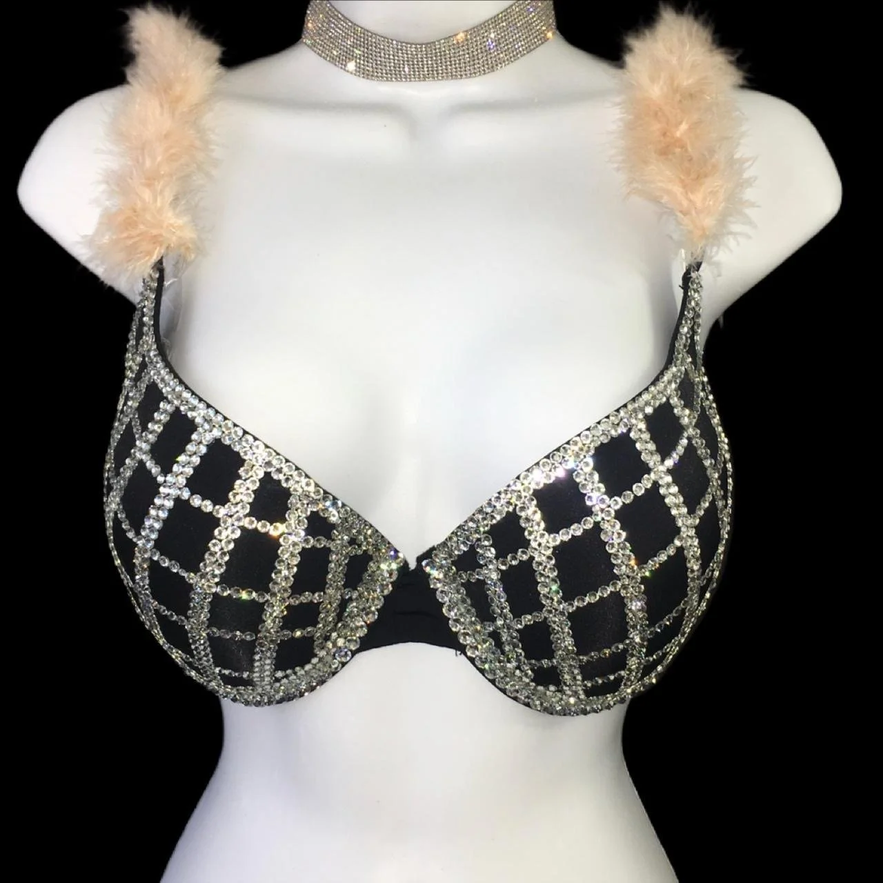 Crystal Diamond Criss Cross Crystal Bra Top With Nude Feathers