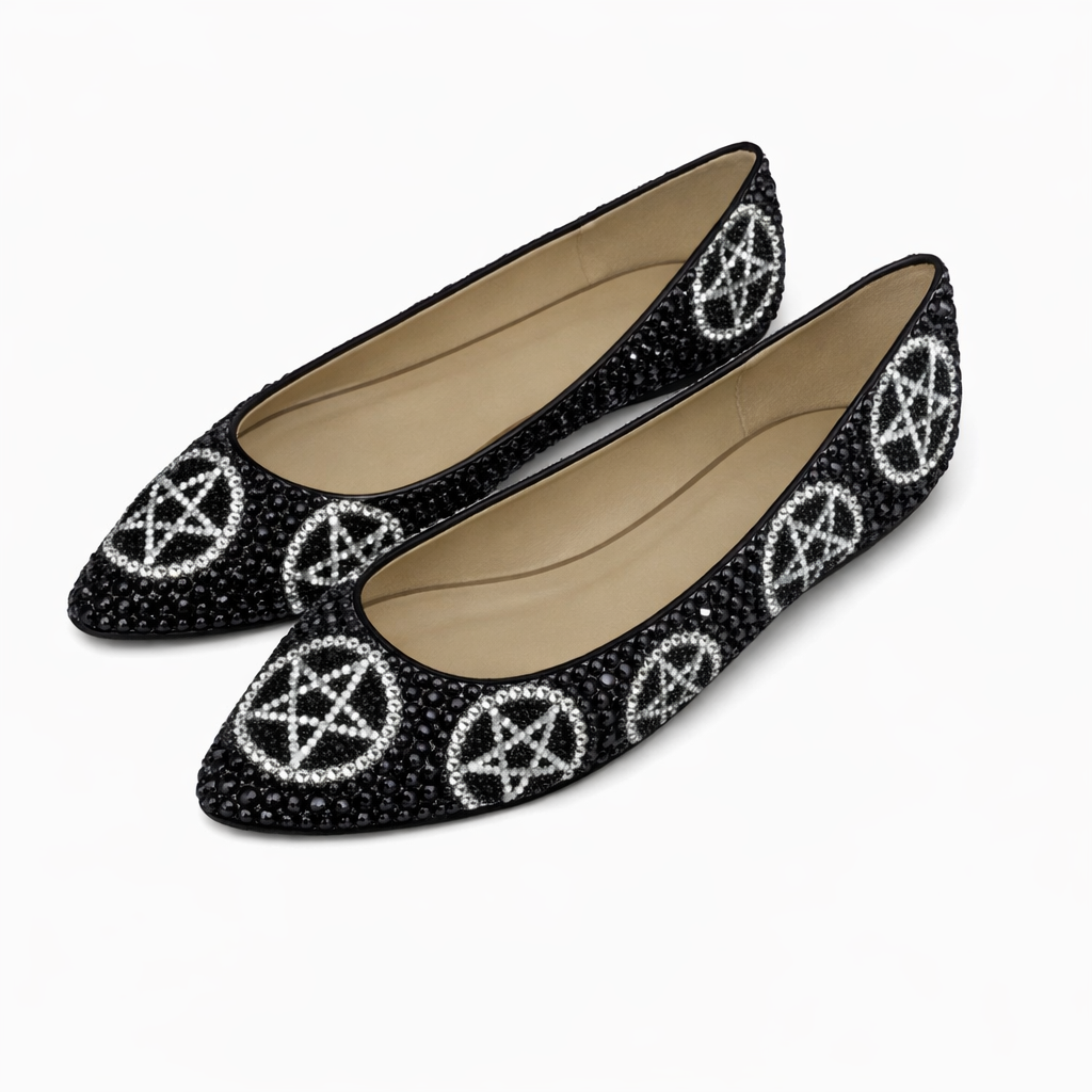 Jet Black & White Pentagram Design Crystals Ballet Flat Shoes