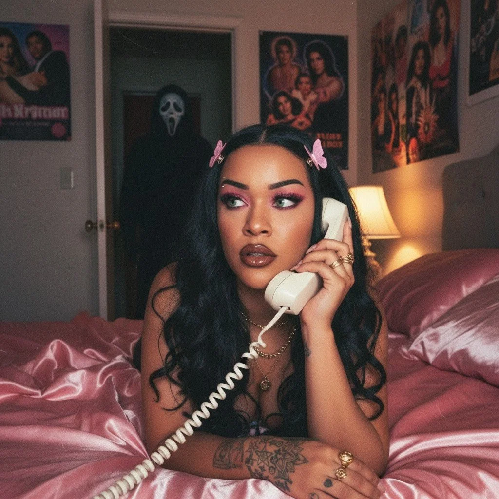 A young woman with dark hair and pink butterfly hair clips is lying on a pink satin bedspread, talking on a landline phone. A figure in a ghostface mask from Scream stands in a doorway behind her, shrouded in darkness. The room has collage posters on the walls and warm lighting from a bedside lamp.