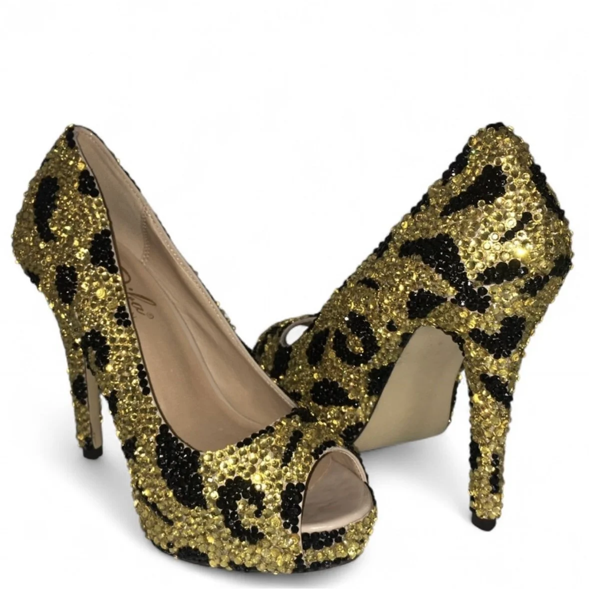 Leopard Print Design Gold & Jet Black Crystal Heels