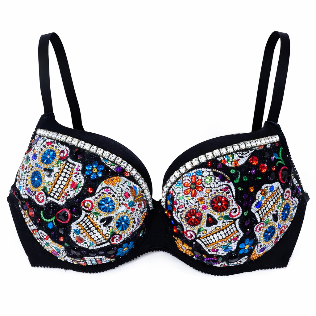 Jet Black Crystal & MultiColour Suga Skull Bra Top