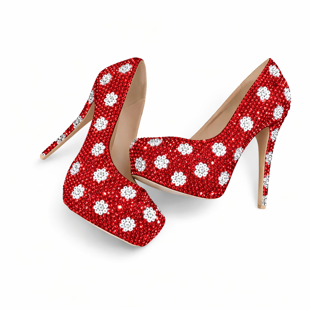 Siam Red White  & Crystal Diamond Daisy Design Heels