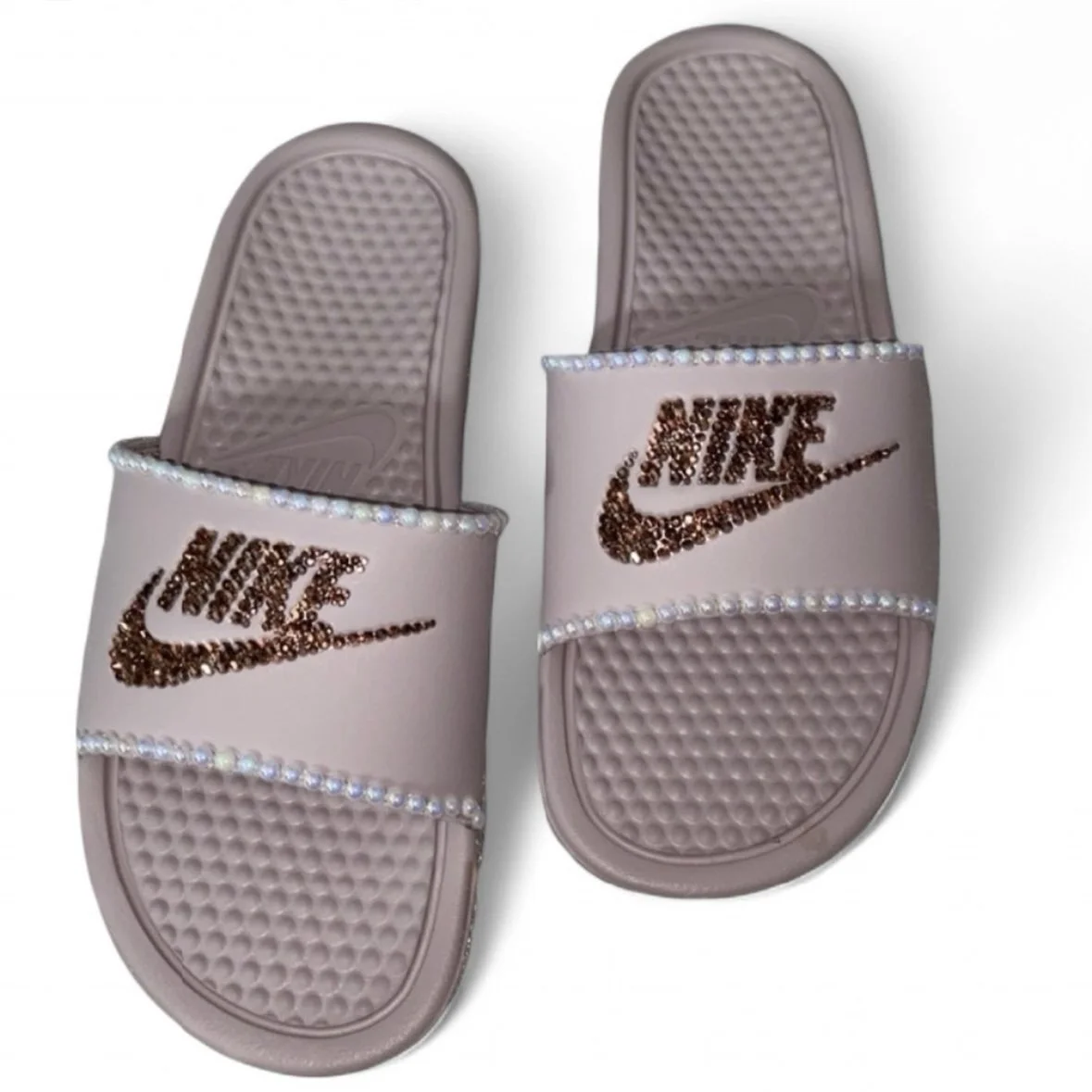 Luxe Rose Gold Crystal Diamonds & Pearls Particle Pink Slides