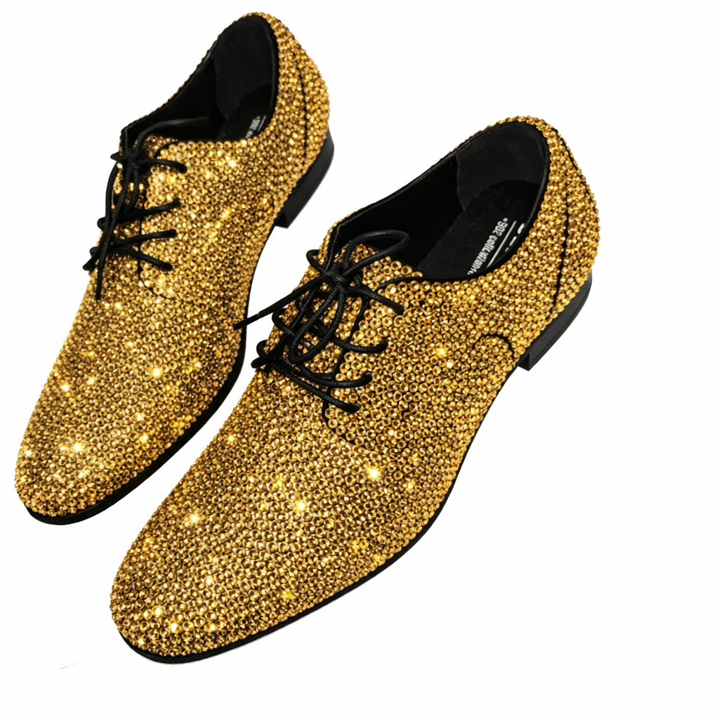 Mens Gold Crystal Diamond Lace Up Shoes
