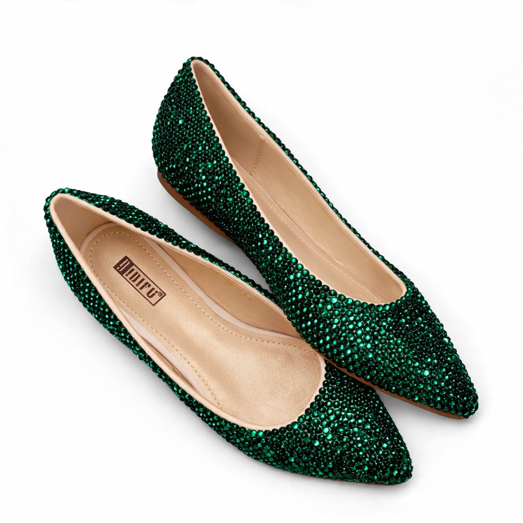 Emerald Green Crystal Ballet Flat Shoes