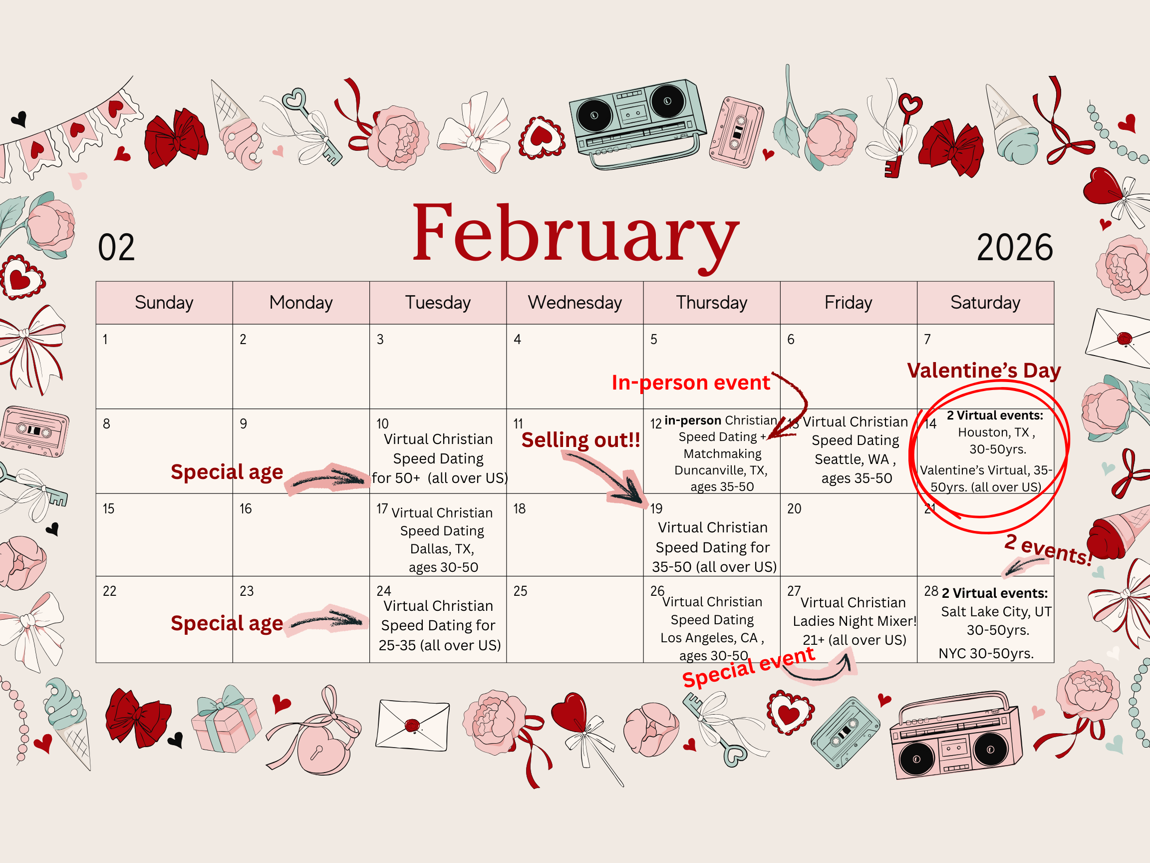 February 2026 calendar with Valentine's Day, in-person events, virtual Christian speed dating, and special age events marked with red annotations and illustrations of roses, hearts, ribbons, and vintage cassette tapes.