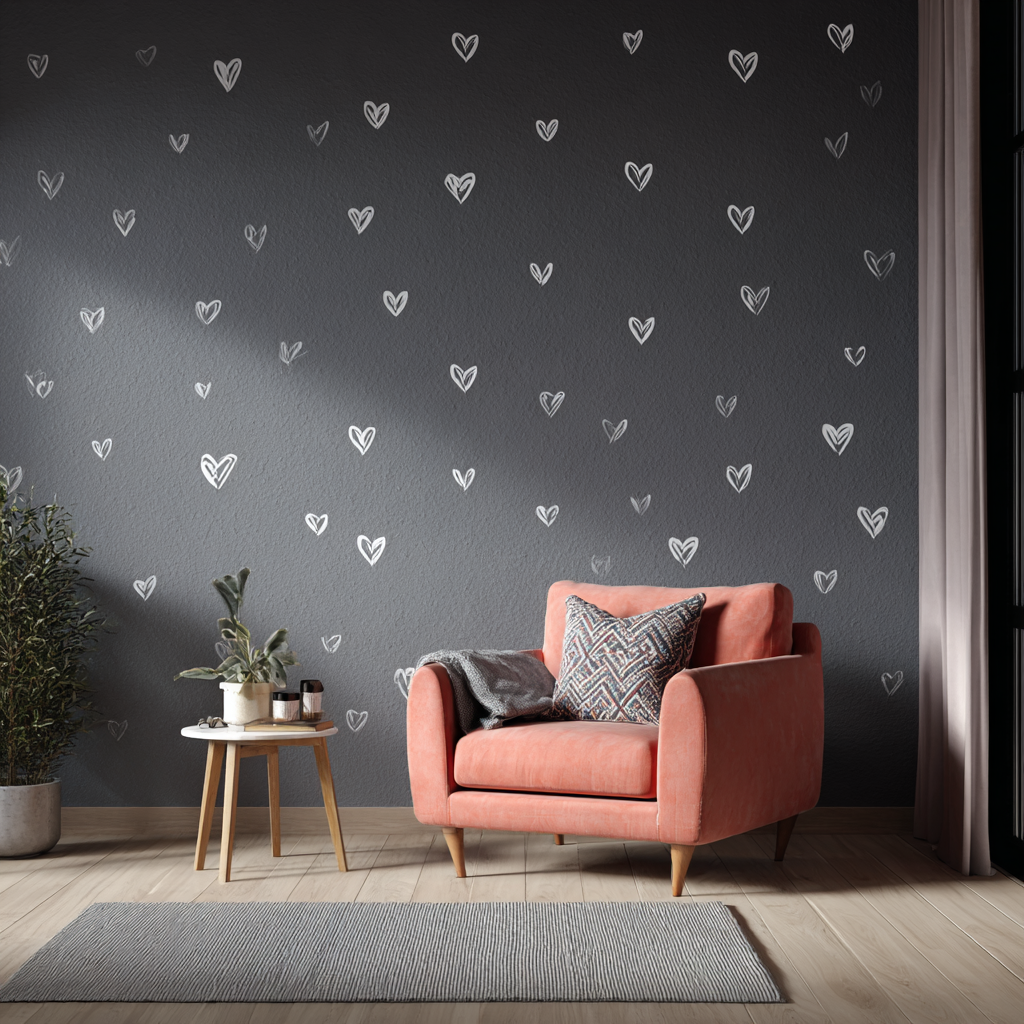 A cozy living room corner with a pink armchair, a throw pillow, a blanket, and a side table with potted plants and candles. The gray wall behind has heart-shaped decor, and there are curtains on the right side and a rug on the wooden floor.