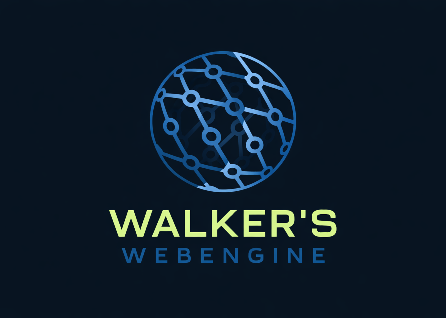 A digital graphic of a globe made of interconnected lines and circles, with the words "Walker’s WebEngine" beneath it on a dark background.