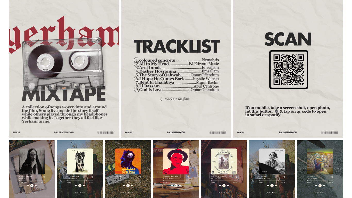 Promotional graphic for a mixtape titled "Yerham Mixtape" featuring a cassette tape, tracklist with song titles and artists, and a QR code for quick access. The design includes a crumpled paper background, bold text, and instructions for mobile access.