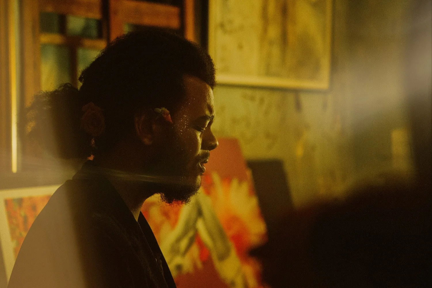 Side profile of a man with dreadlocks in a dimly lit room with artwork on the walls.