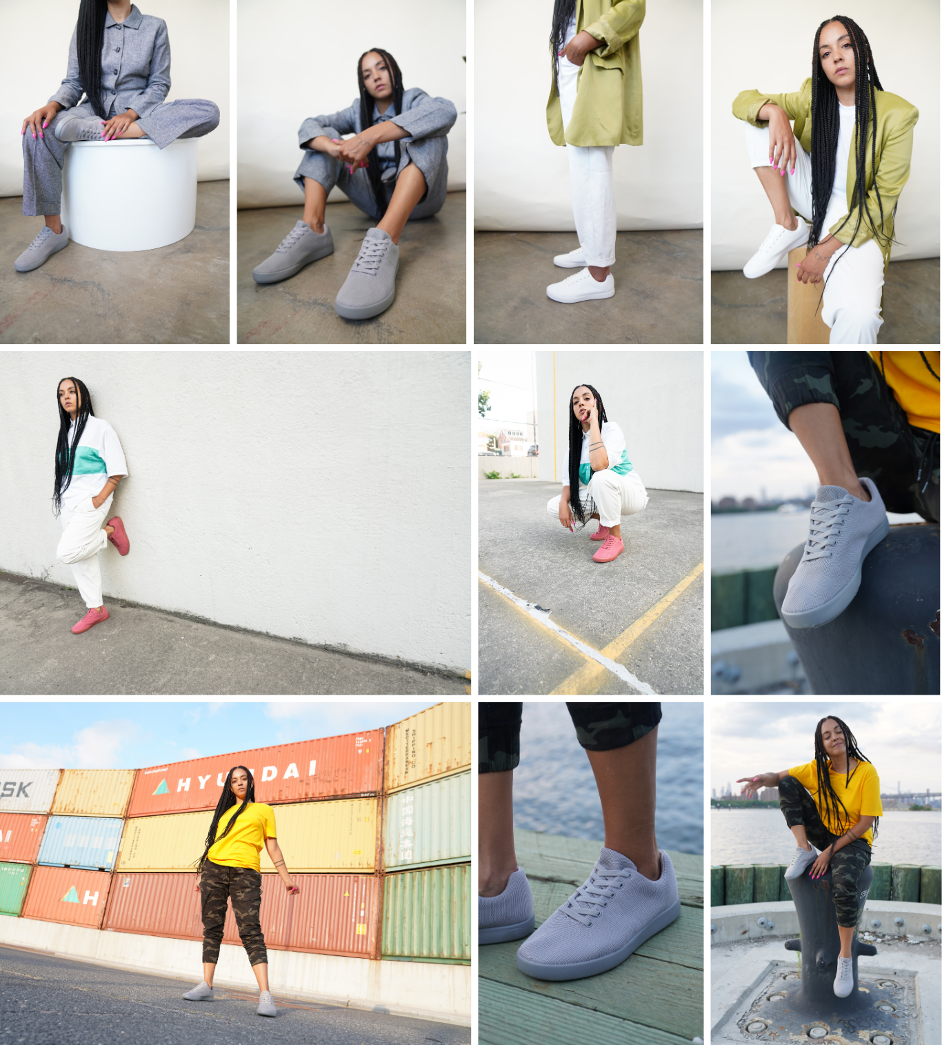 Collage of a woman modeling casual streetwear and athletic outfits in various outdoor and indoor settings, highlighting different clothing styles and sneakers.