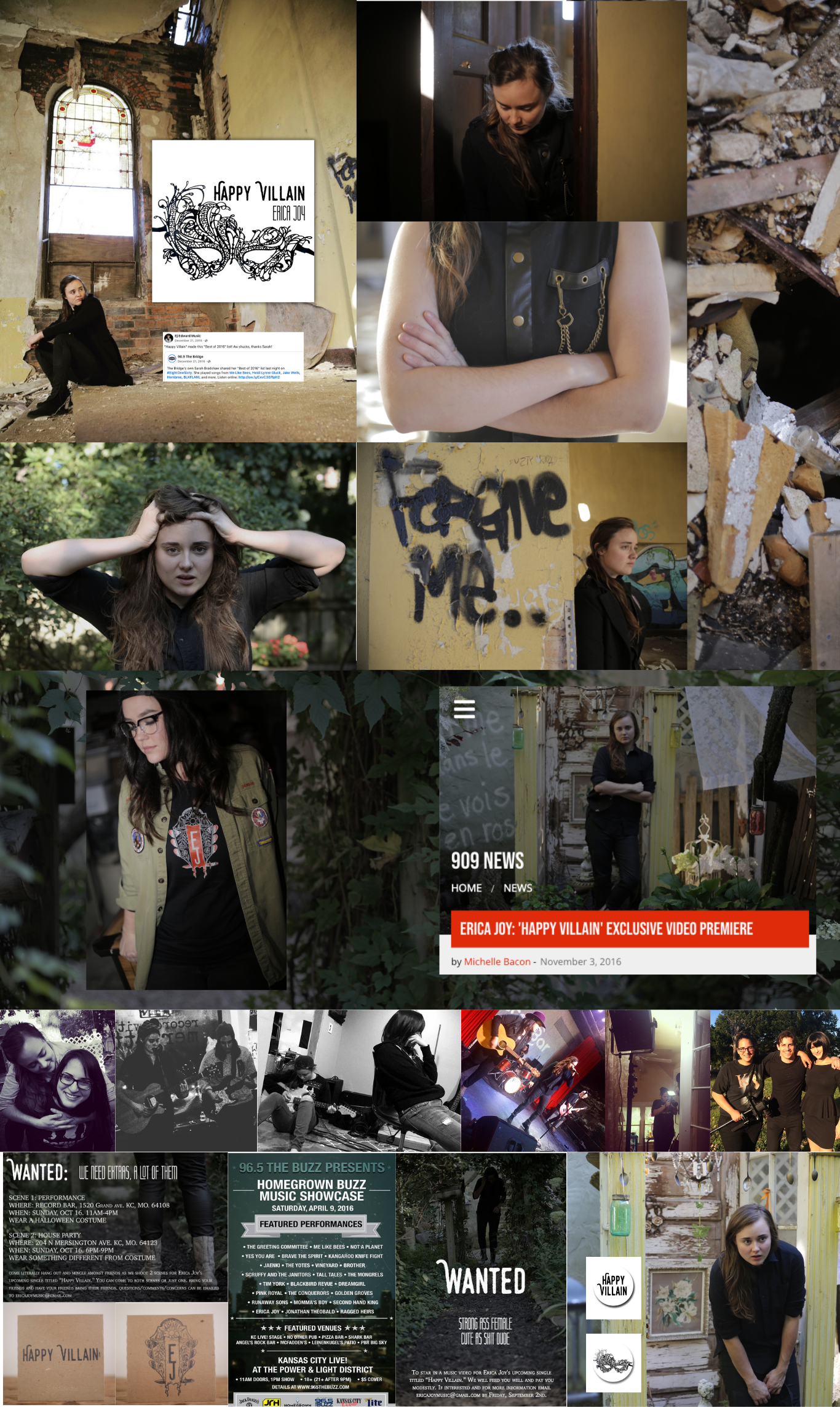 Collage of photos featuring a young woman in various settings, including abandoned buildings, outdoors, and a music stage, with posters and graffiti related to Erica Joy's "Happy Villain" project, and images of musical performances and promotional material.