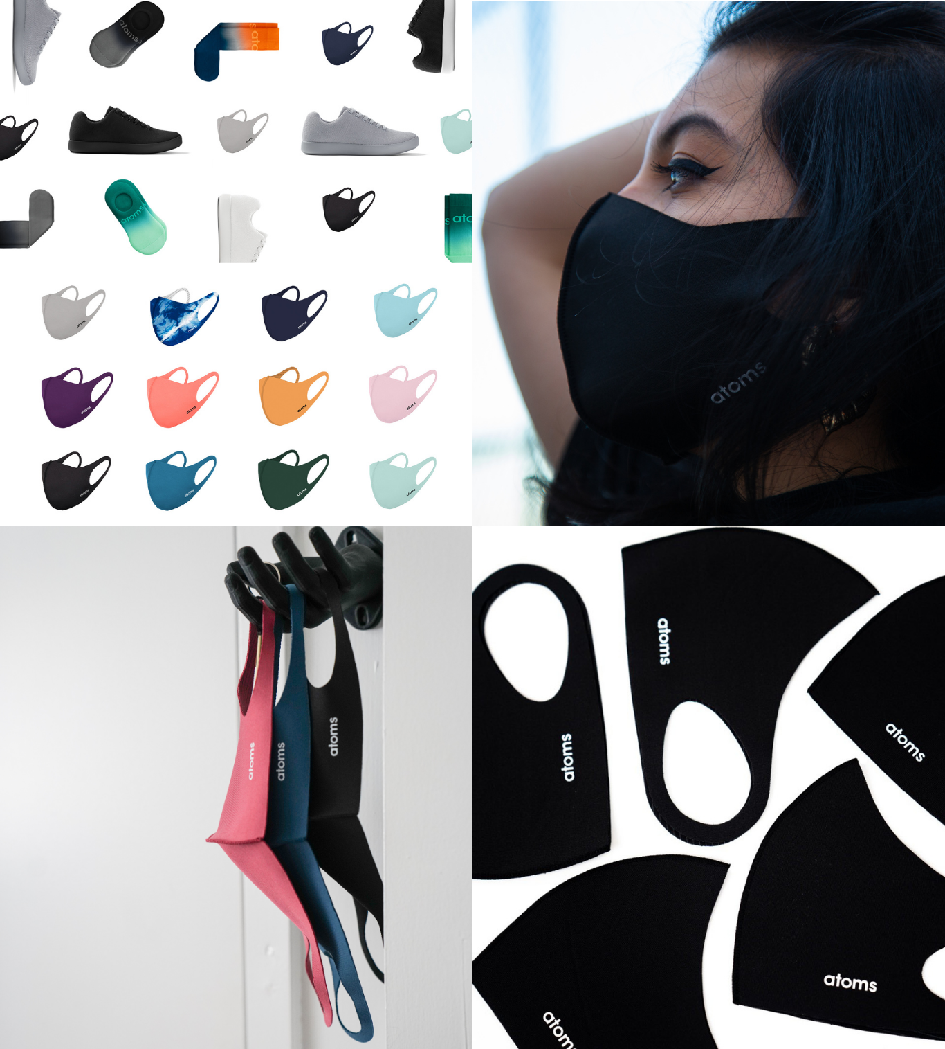 A collage of images showing various branded masks, mask accessories, and personal protective equipment, including face masks, a woman wearing a black mask, and straps with the brand name 'atoms'.