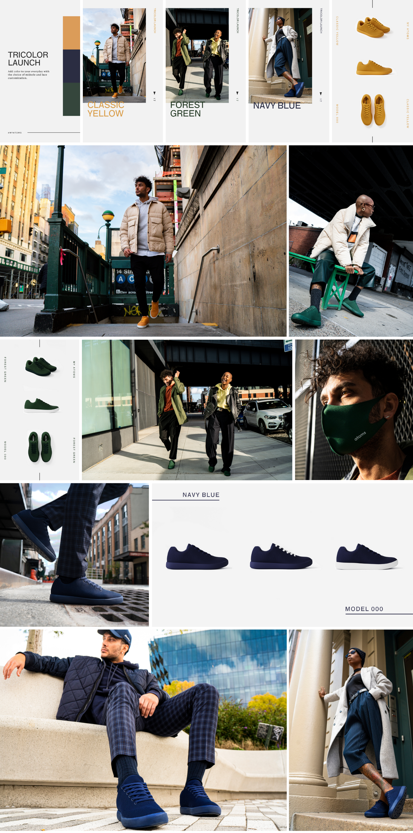 Series of images showing various people wearing colorful casual outfits and sneakers in urban settings, as well as product shots of sneakers in green and navy blue, with models showcasing the shoes in city environments.