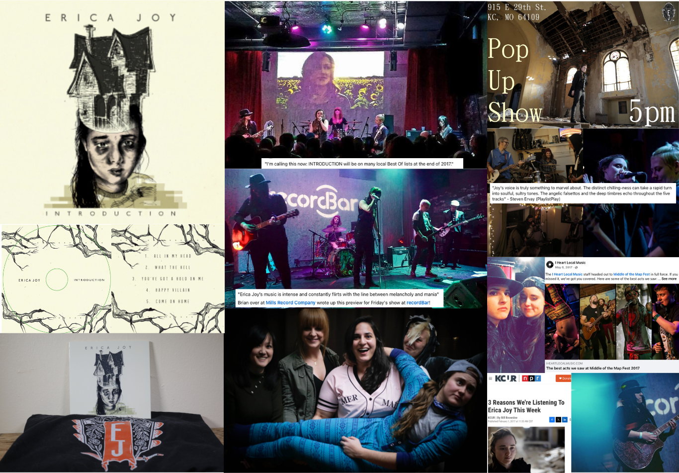 Collage of images from a live music event featuring Erica Joy performing on stage, a band playing with guitars and drums, and a group of people enjoying the show. There are posters and flyers promoting her music, including one titled 'Introduction'. The scene includes audience members, a stage setup in a historical building, and media coverage of the event.