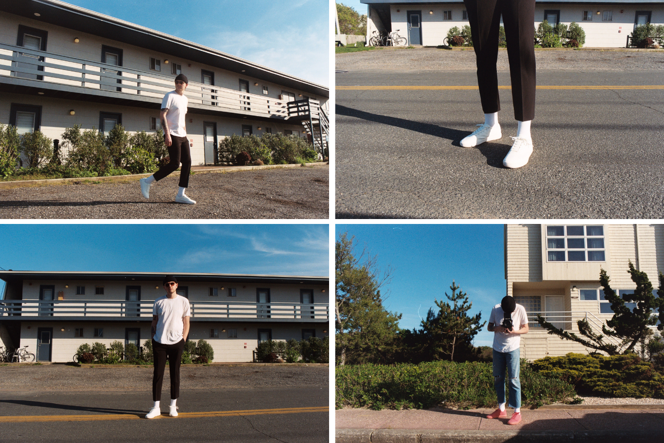 A collage of four photos showing a young man with black hair wearing a white T-shirt, black pants, and white shoes, standing and walking outdoors near apartment buildings and greenery under a clear blue sky. In the first photo, he is walking on a paved area; in the second, his shoes and lower legs are visible; in the third, he stands facing forward; and in the fourth, he is looking down at his phone.