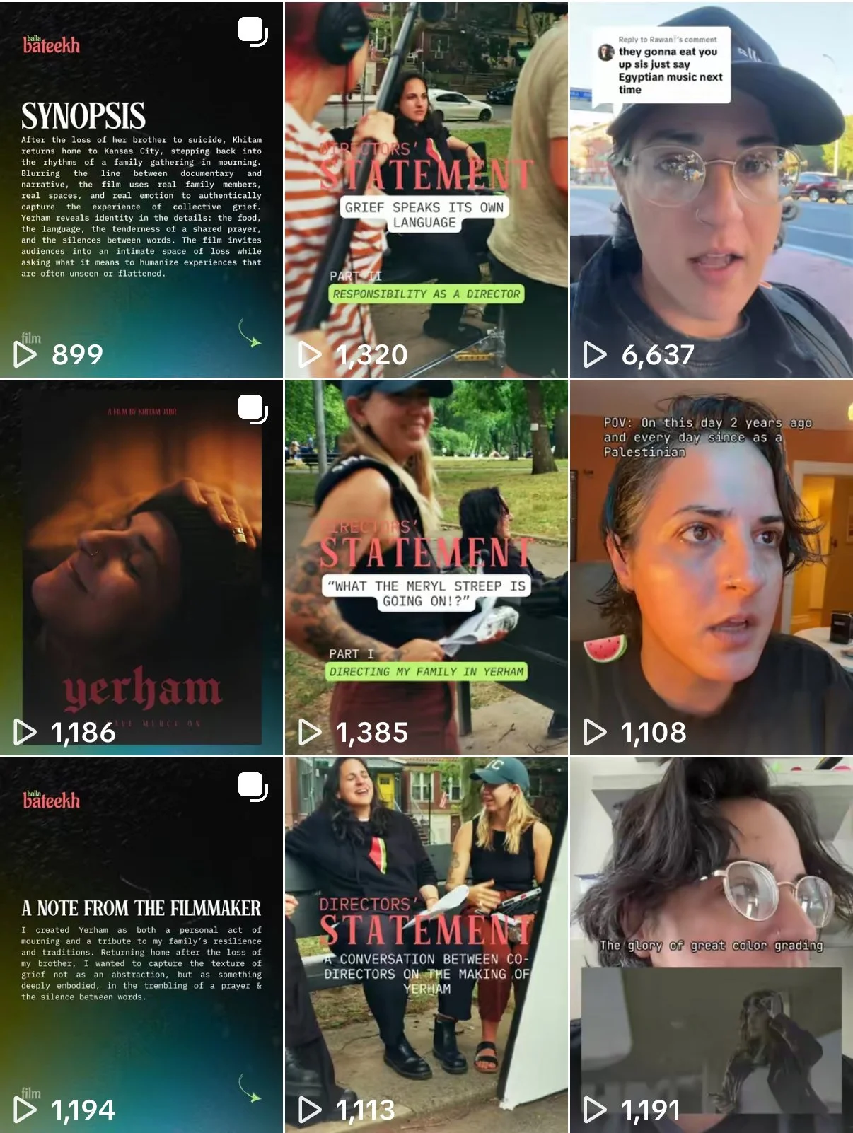 Collage of nine video thumbnails: First shows a documentary synopsis about family mourning after a brother's suicide; Second shows a woman speaking at a protest with the text 'GRIEF SPEAKS ITS OWN LANGUAGE'; Third features a person in a car speaking, with a comment about Egyptian music; Fourth displays a woman with closed eyes during a moment of grief; Fifth has a woman smiling outdoors with tattoos, holding a paper, discussing Meryl Streep; Sixth shows a woman talking with a watermelon slice sticker; Seventh presents a film note about Yerham's tribute, with a black background and text; Eighth depicts two women talking, with subtitles about a conversation on Yerham's making; Ninth shows a person with glasses in a classroom or art studio, with a caption about color grading.
