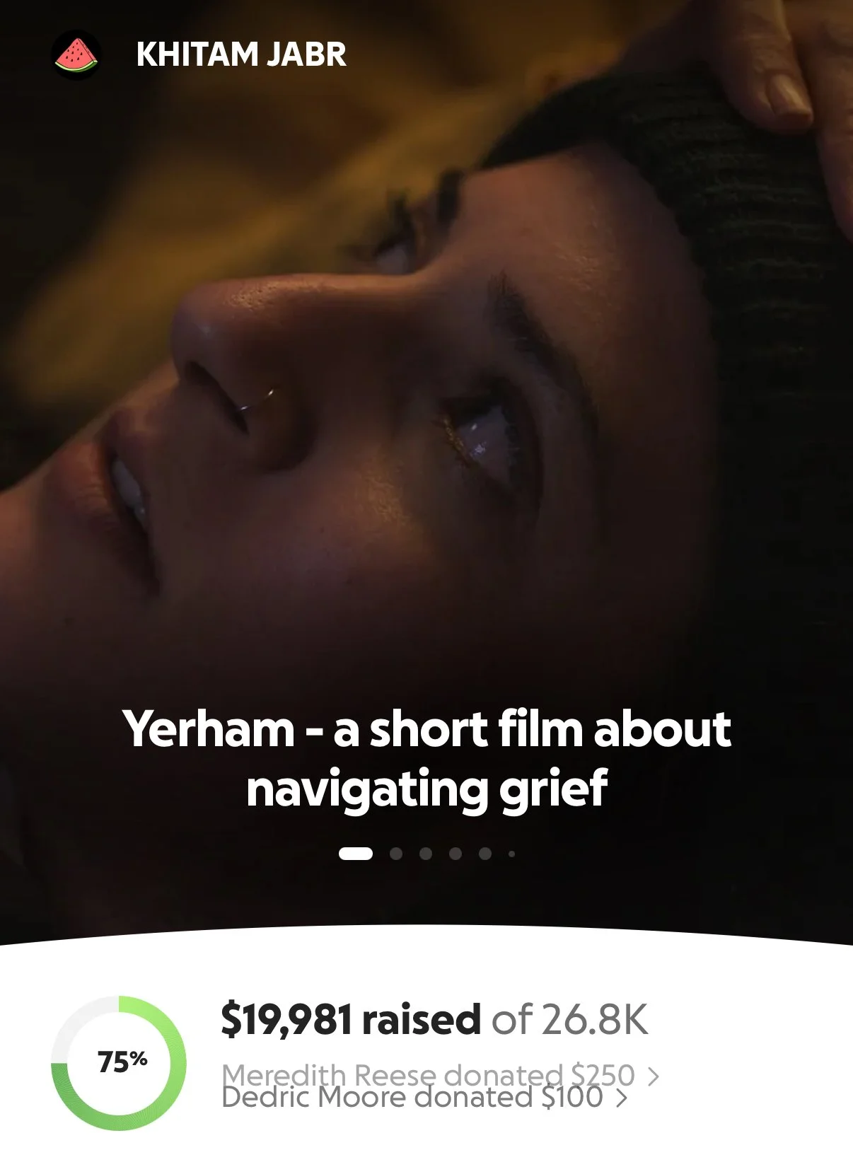 Close-up of a person's face with dark hair, a nose ring, and closed eyes, lying down in a dimly lit environment. Overlaid text and a donation progress chart are also visible.