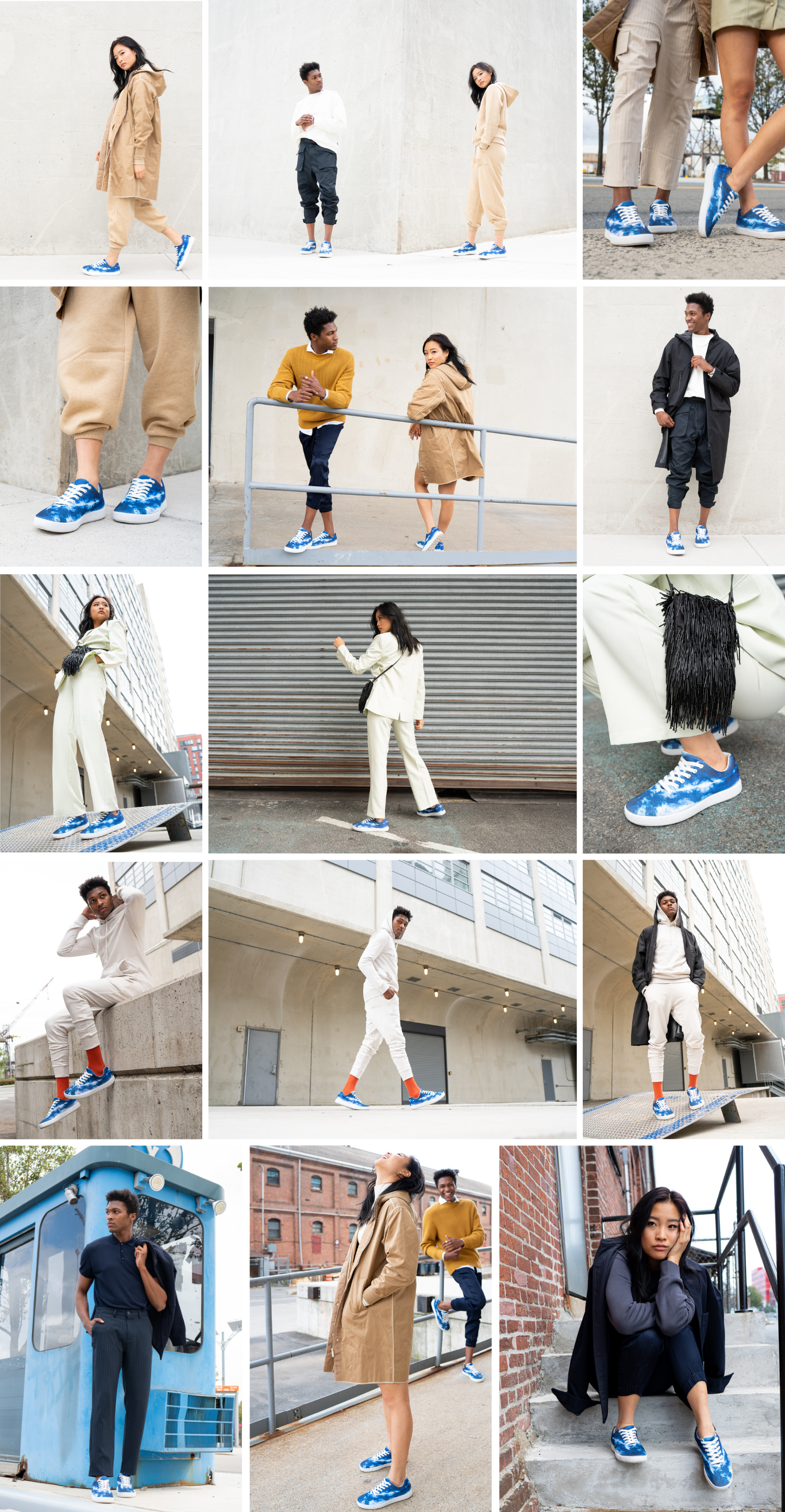 Collage of diverse young adults wearing stylish clothing and blue tie-dye sneakers in urban settings.