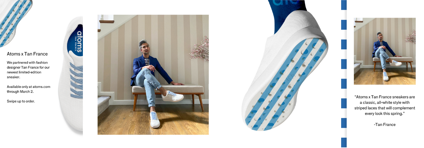 A man sitting on a bench in a room with beige and white striped wallpaper, wearing a blue blazer, light blue jeans, and white sneakers with blue striped laces, promoting Atoms x Tan France sneakers.